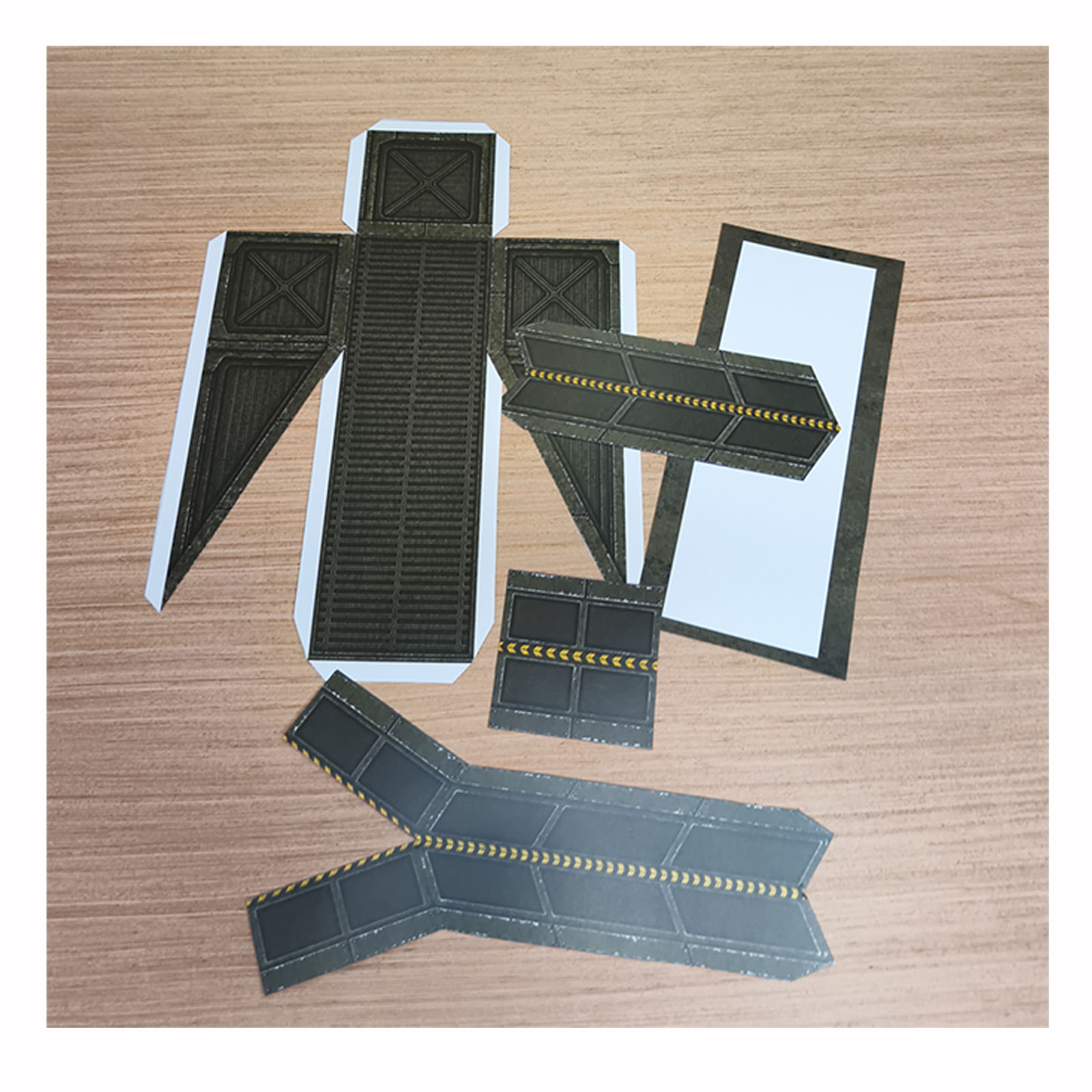 Cut-out printable pieces for the Army Green helipad access ramp ready for folding and gluing