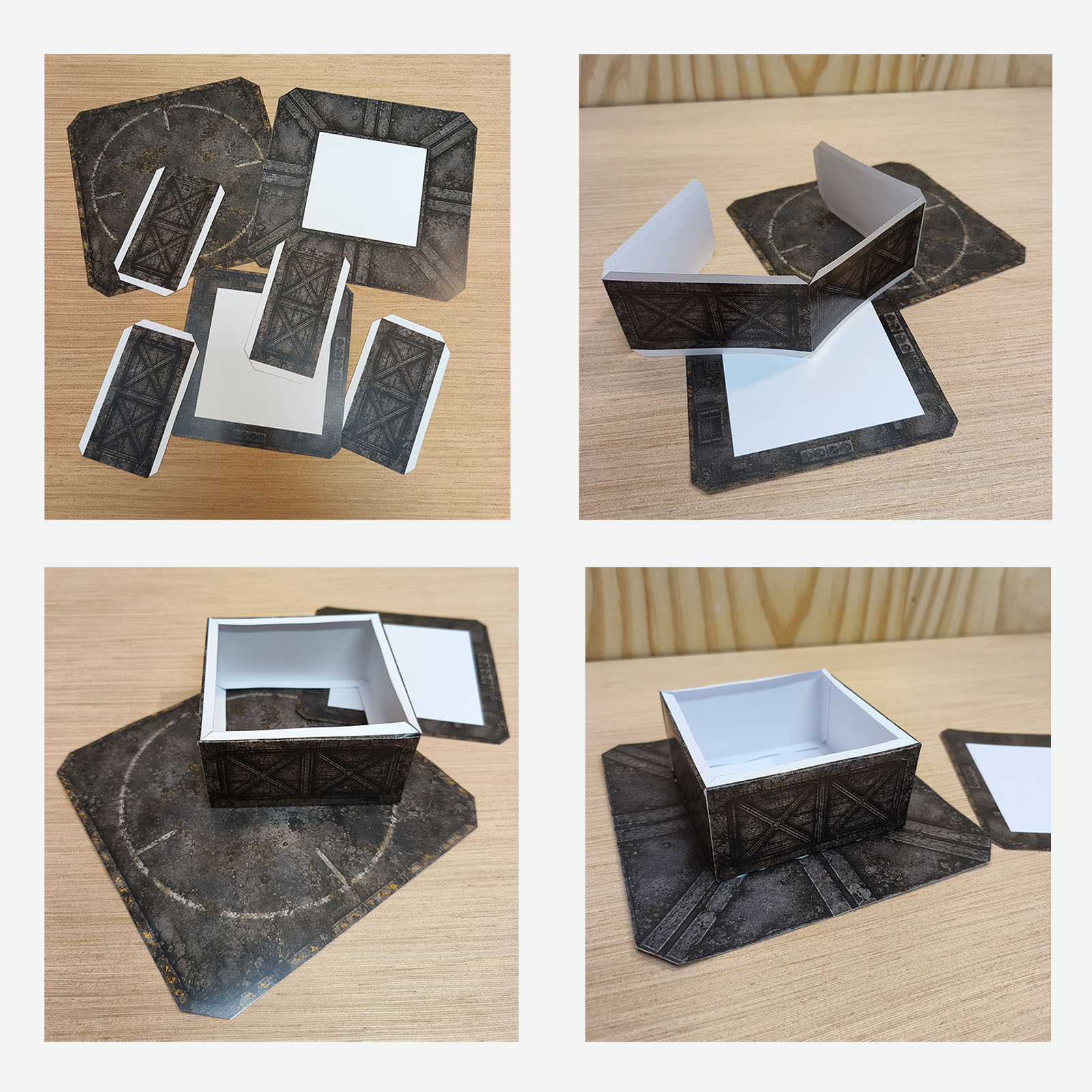 Four-step DIY build sequence showing how the printable post-apocalyptic helipad platform is assembled from the papercraft pieces
