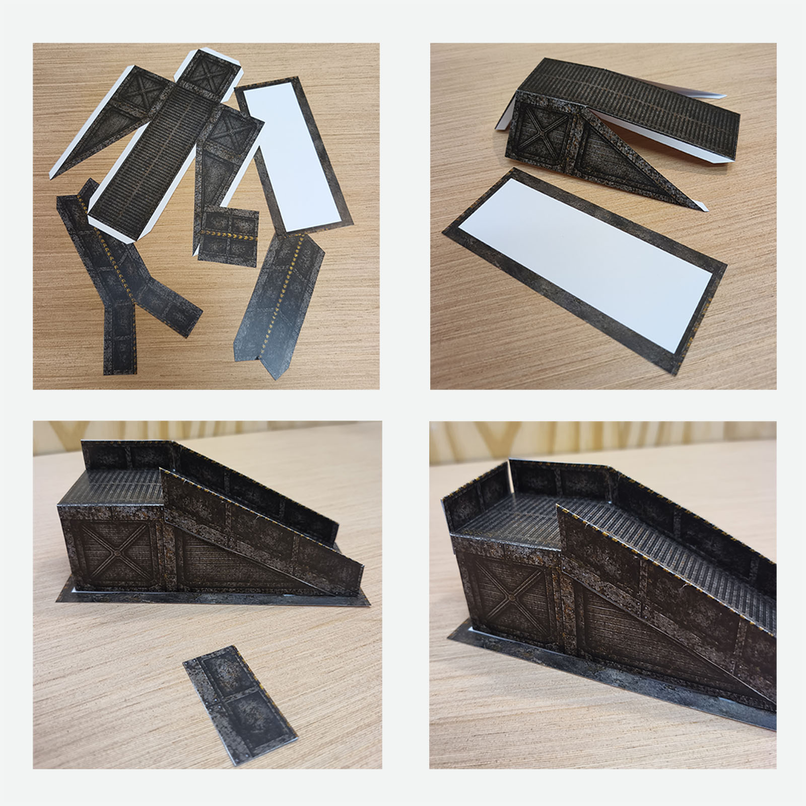 Four-step papercraft build sequence showing the post-apocalyptic helipad access ramp being cut, folded, glued and assembled
