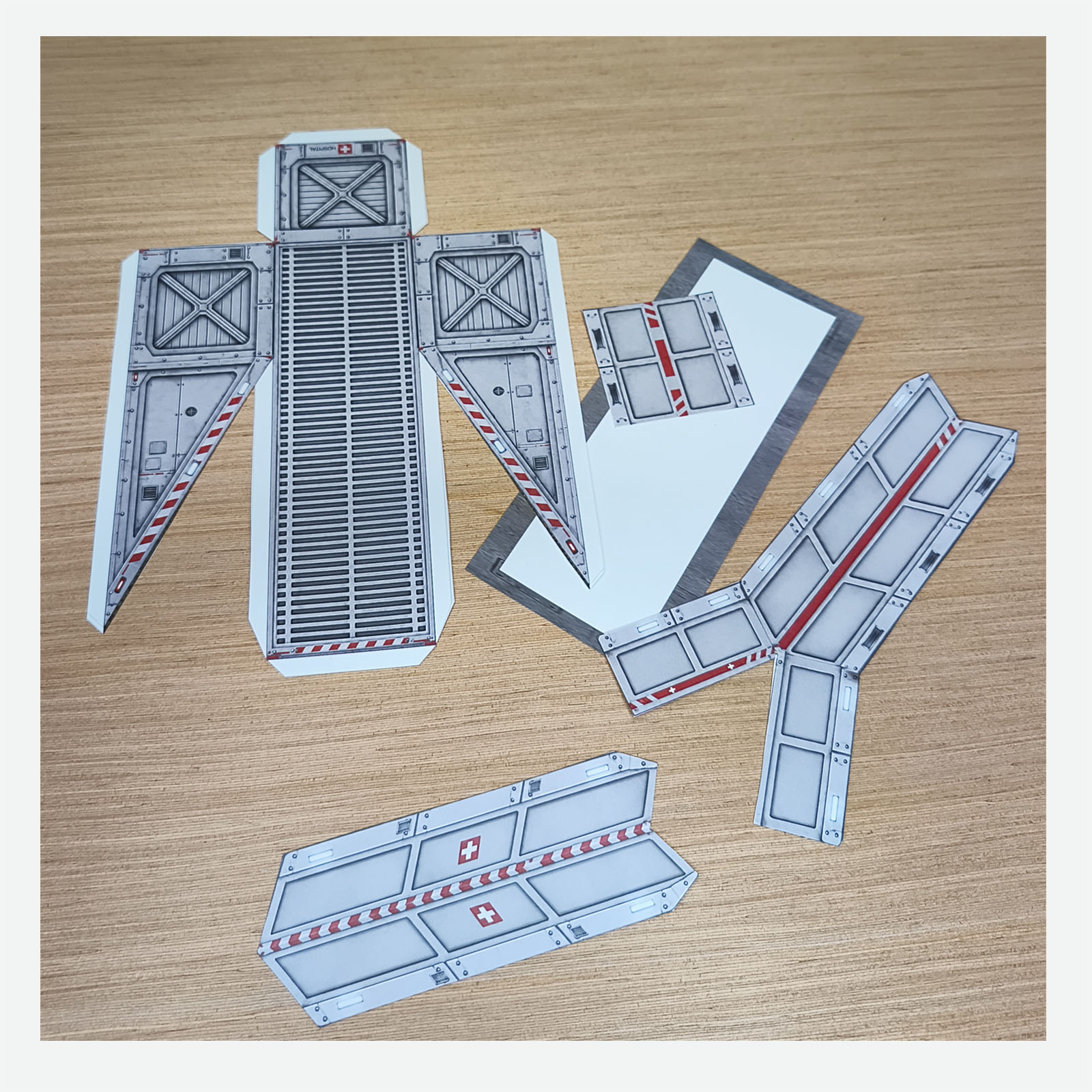 Cut-out hospital helipad access ramp before folding and gluing the papercraft parts together